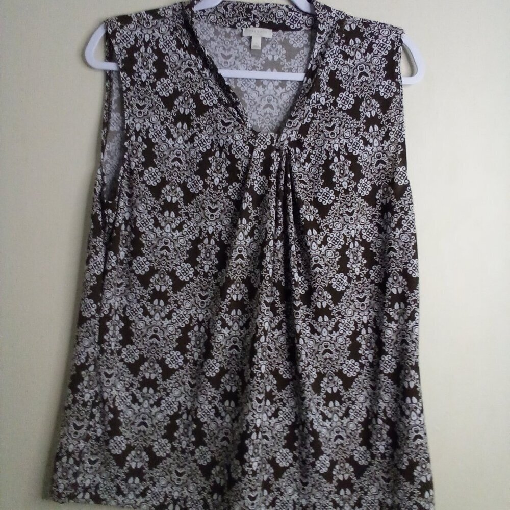Talbots Blouse Women L Sleeveless Soft Stretch Pattern Brown White